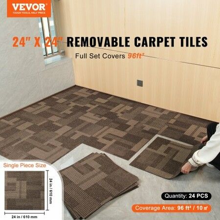 Carpet Tiles Reusable 24"x 24"Carpet Squares With Padding Attached Soft Padded Carpet Tiles Easy Install DIY for Bedroom Living Room (24Tiles Mixed Brown)