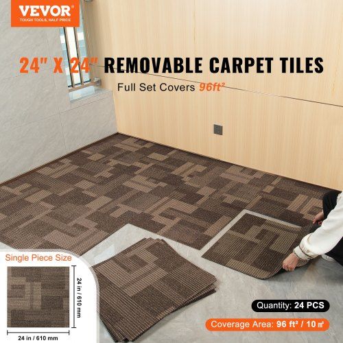 Carpet Tiles Reusable 24"x 24"Carpet Squares With Padding Attached Soft Padded Carpet Tiles Easy Install DIY for Bedroom Living Room (24Tiles Mixed Brown)
