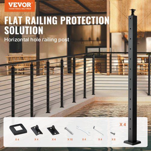 4-Pack Cable Railing Post 42" x 2" x 2" Steel Horizontal Hole Deck Railing Post 12 Pre-Drilled Holes SUS304 Stainless Steel Cable Rail Post Black