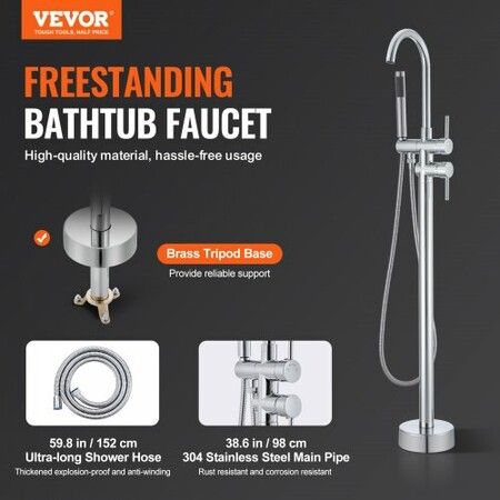 Freestanding Bathtub Faucet Floor Mount Freestanding Tub Filler Shower Mixer Taps Two Water Modes 360° Swivel Spout for Bathing & Showering Pet Bathing