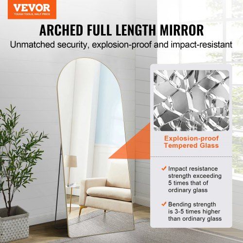 Arched Full Length Mirror 1800x760 mm Large Free Standing Leaning Hanging Wall Mounted Floor Mirror with Stand Aluminum Alloy Frame Dressing Mirror