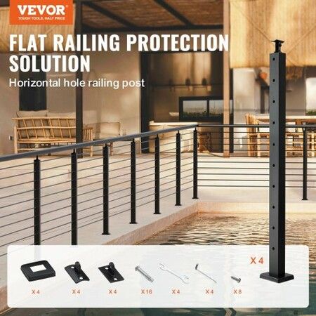 4-Pack Cable Railing Post 36" x 1" x 2" Steel Horizontal Hole Deck Railing Post 10 Pre-Drilled Holes SUS304 Stainless Steel Cable Rail Post