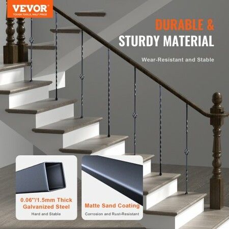 Staircase Metal Balusters 44'' x 1/2" Galvanized Steel Decorative Banister Spindles 10 Pack Deck Baluster with Hollow Single Baskets Twists Spiral Stair