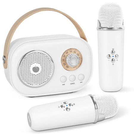 Mini Karaoke Machine,Portable Bluetooth Speaker with 2 Wireless Microphones and Stereo Sound Enhanced Bass,Gifts for Age3+ Home Party (White)