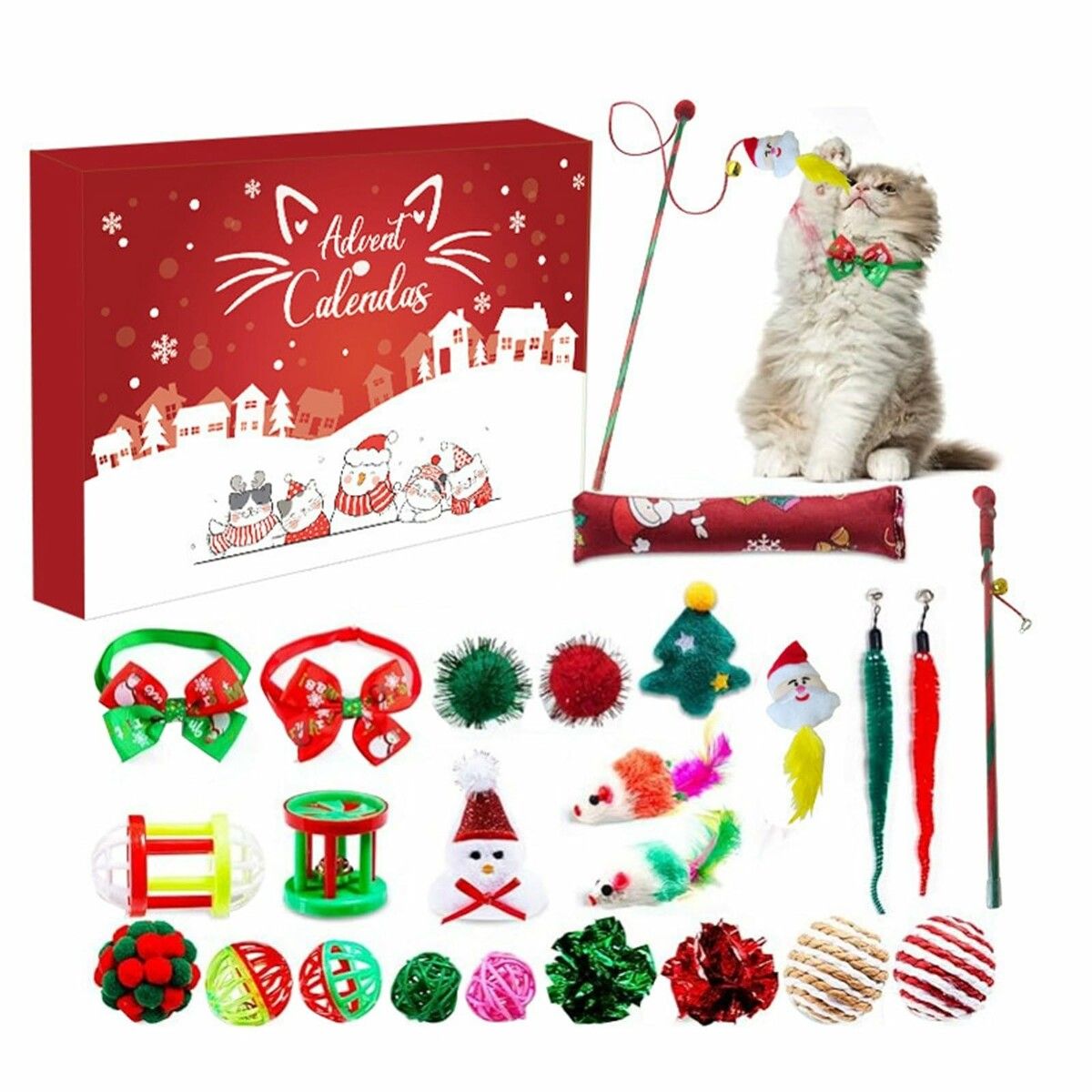 Christmas Advent Calendar,Christmas Countdown Calendar for Kitten 24pcs Assorted Cat Christmas Toys Kitten Interactive Play Christmas Gifts