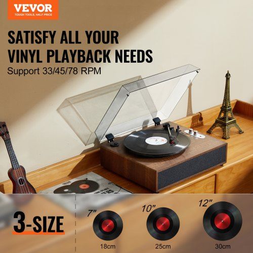 Bluetooth Vinyl Record Player 3-Speed Belt Driven Turntable 10W Speakers