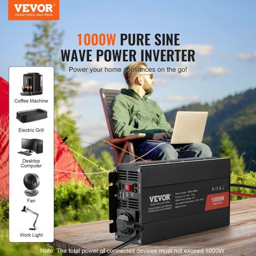 Pure Sine Wave Inverter 1000 Watt DC 12V to AC 230V Power Inverter with 2 AC Outlets 2 USB Port 1 Type-C Port Remote Control