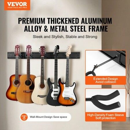 5-Space Guitar Stand Wall-Mounted Foldable Rack Hold Up to 5 Guitars