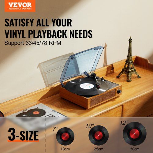 Bluetooth Vinyl Record Player 3-Speed Belt Driven Turntable 3W Speakers