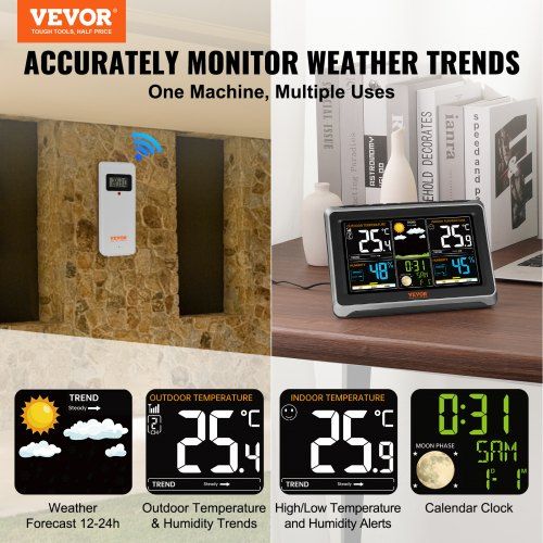 Weather Station Indoor Outdoor Large Color Display Wireless Digital Home Weather Station with Sensor Atomic Clock Adjustable Backlight Forecast