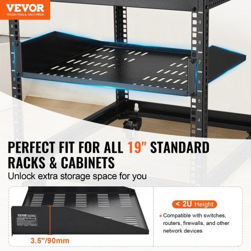 2U Server Rack Shelf 16"/406 mm Depth Vented Rack Mount Shelf with Tray