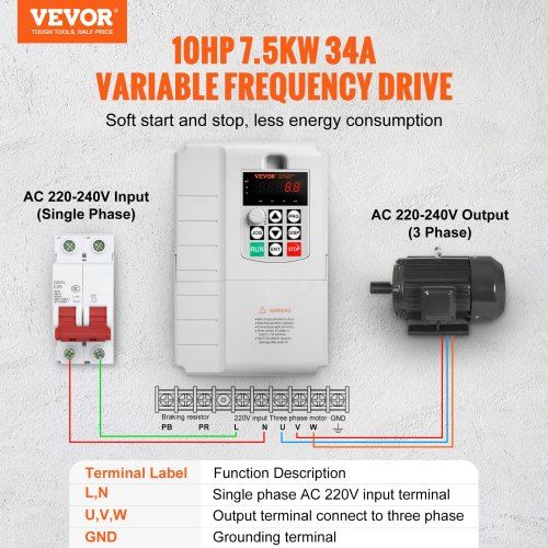 VFD 10HP 7.5KW 34A 1 Phase 220V-240V Input to 3 Phase 220V-240V Output Variable Frequency Drive 0-400Hz VFD for AC Motor Speed Control