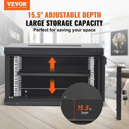 6U Wall Mount Network Server Cabinet 15.5'' Deep Server Rack Cabinet Enclosure 200 lbs Max Ground-mounted Load Capacity with Locking Glass Door Side Panels