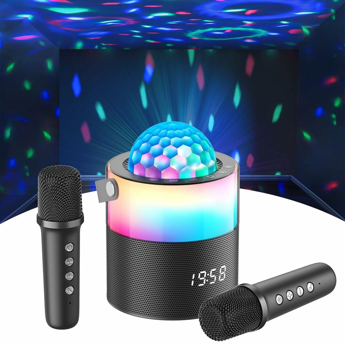 Mini Karaoke Machine with 2 Wireless Mics Portable Bluetooth Speaker Wireless Singing Machine,Disco LED Lights for Travel Home Party Gifts (Black)