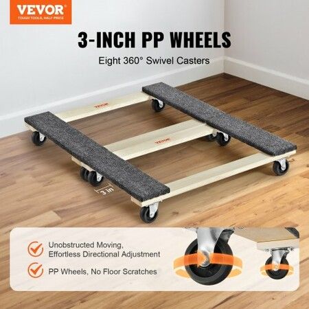 Furniture Dolly 454kg Each Load Capacity 2 Packs 457.2x762mm 8x76mm PP Swivel Casters Heavy Duty Hardwood Furniture Moving Dolly Mover's Dolly Moving Cart