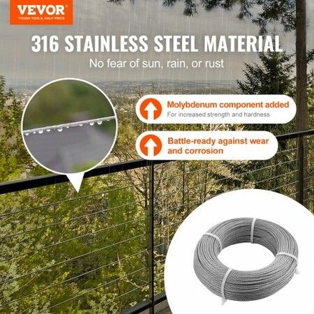 T316 Deck Railing Cable 1/8" Stainless Steel Wire Rope 9144 cm with Cutter Kit 7x7 Strands Construction Marine Aircraft Grade for Handrail Stair Decking