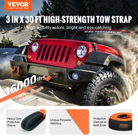 Heavy Duty Tow Strap Recovery Kit 85.1 mm x 9.1 m (MBS-16329 kg) Tree Saver Winch Strap Triple Reinforced Loop & Protective Sleeves & Storage Bag  19 mm