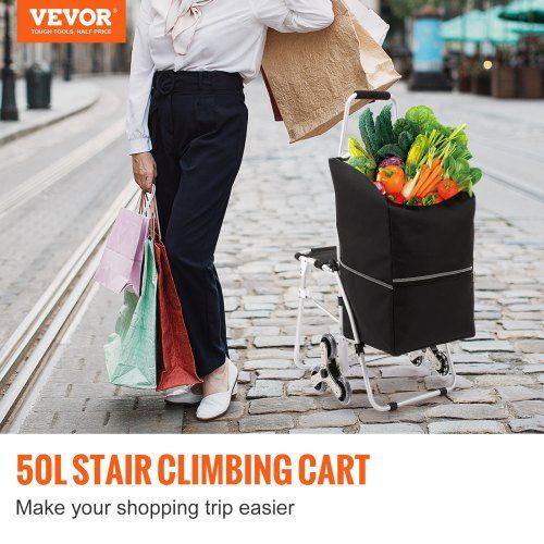 Stair Climbing Cart 50L Foldable Shopping Cart w/ Waterproof Bag & Seat