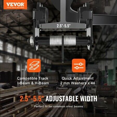 Manual Trolley 0.5 Ton Load Capacity Push Beam Trolley with Dual Wheels Adjustable for I-Beam Flange Width 63.5 mm to 139.7 mm Heavy Duty Alloy Steel