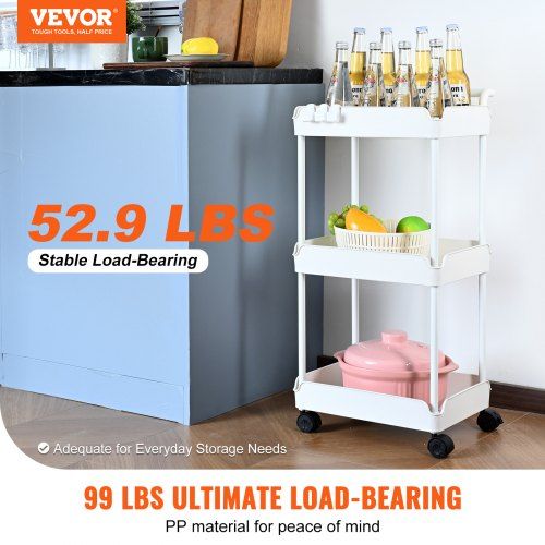 3-Tier Rolling Utility Cart Kitchen Cart with Lockable Wheels Multi-Functional Storage Trolley with Handle for Office Living Room Kitchen Movable Storage
