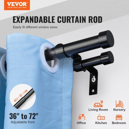 Double Rod Curtain Rods 36-72 inches(3-6ft) Adjustable Length Black Double Curtain Rods with Cap Finials 1" and 3/4" Diameter Double Window Drapery Rod