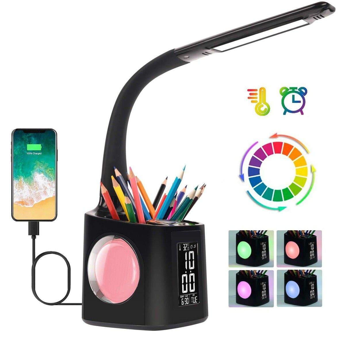 LED Desk Lamp with Clock, Color Changing Nightlight Pen Holder,Desk Light with USB Charger,Table Light for Home,Office,Bedroom-Black