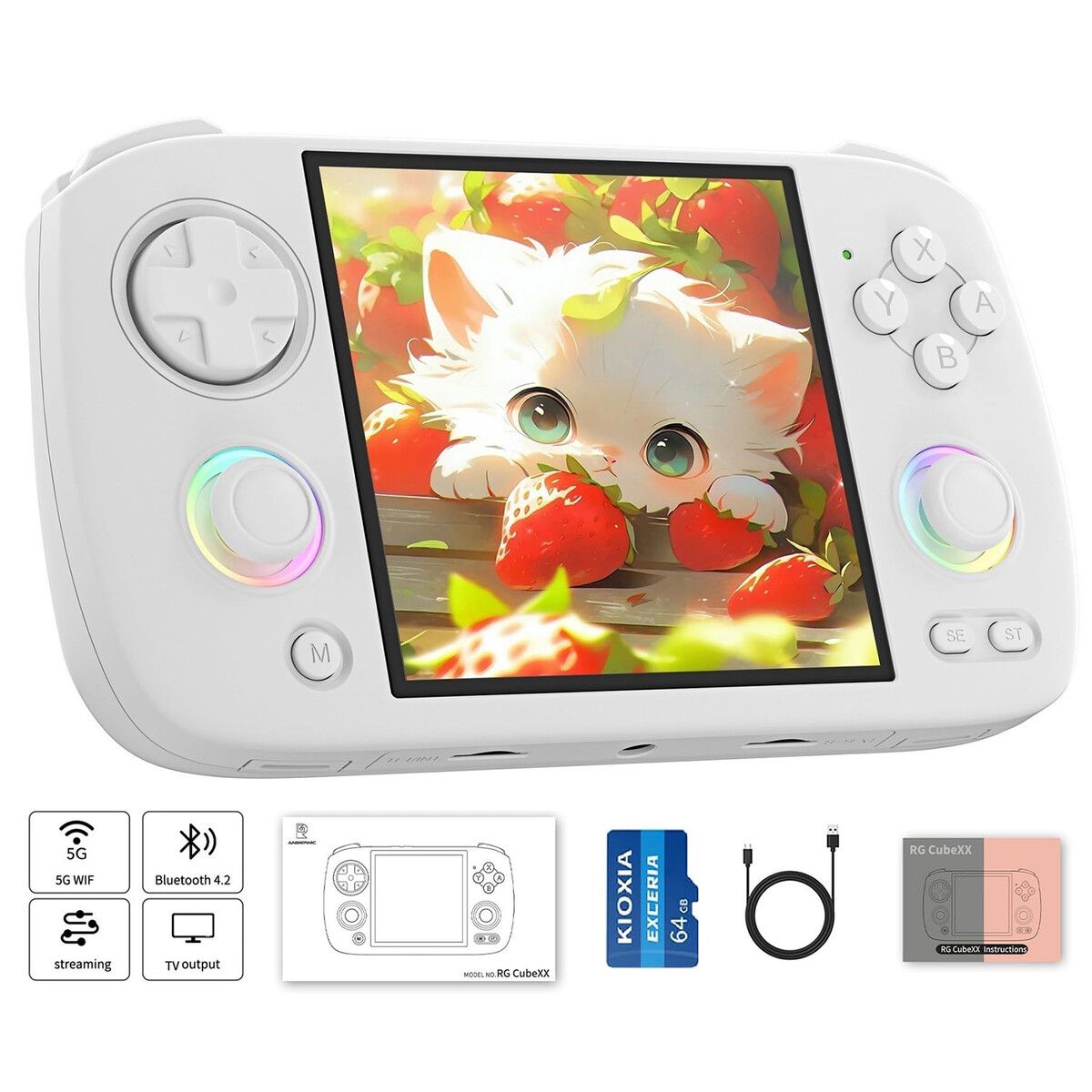 RG CubeXX Retro Handheld Game Console,3.95 Inch IPS Screen Linux System Built-in 64G TF Card 5056 Games Support TV Output 5G WiFi Bluetooth 4.2 (White)