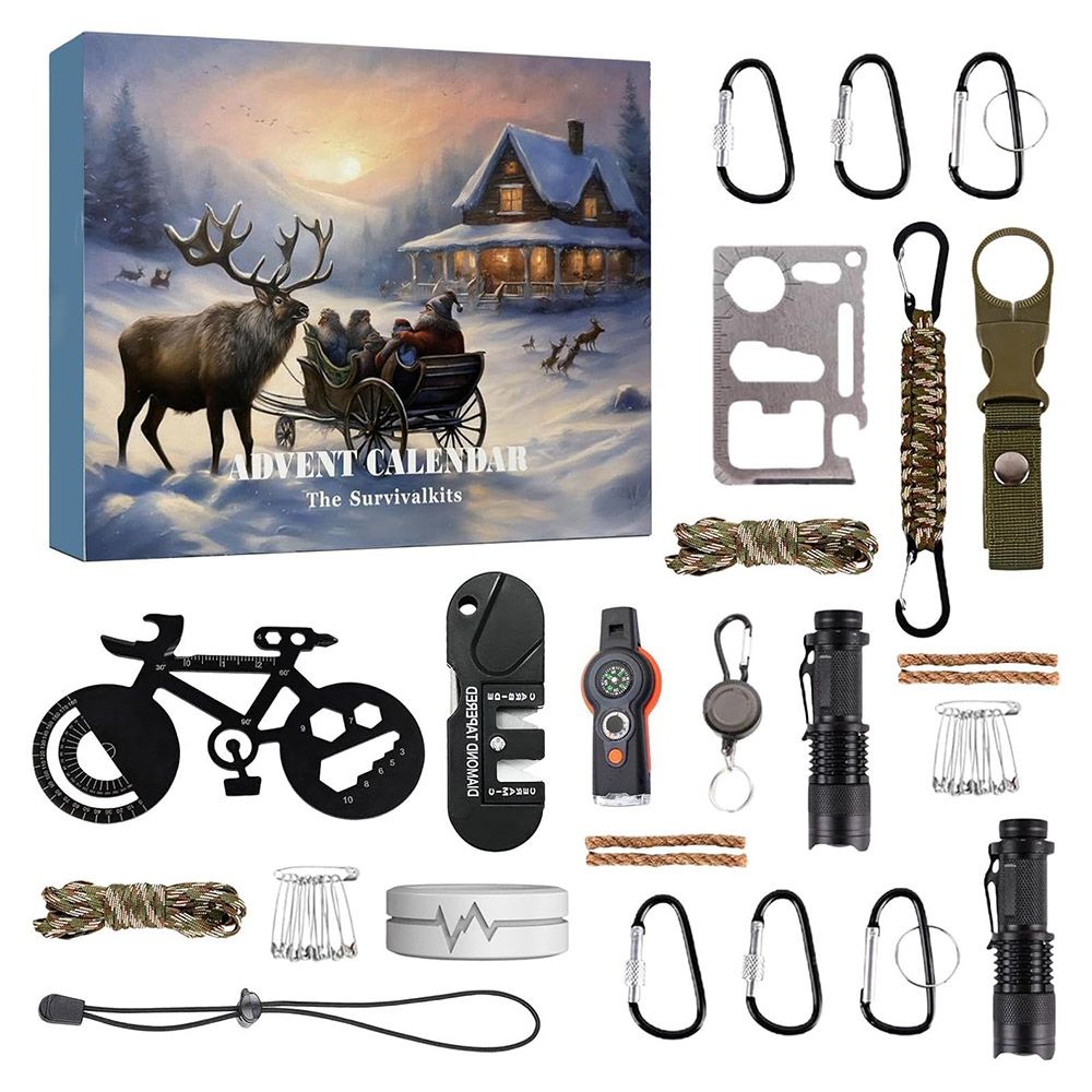 24 Day Christmas Countdown Survival Kit with Camping Gear & Cool Gadgets for Men, Christmas Gift for Adventurers