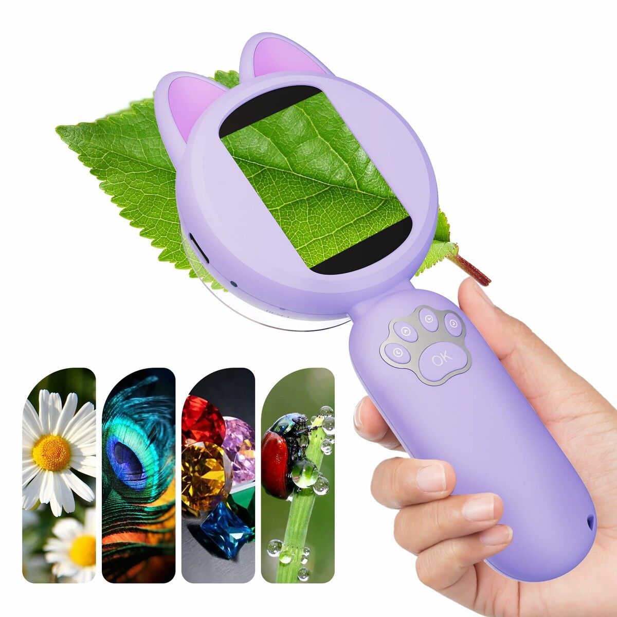 Portable Microscope for Kids 2 Inches LCD Screen with 8 LED Lights,Learning and Education Toys Miniscope Geology-Purple