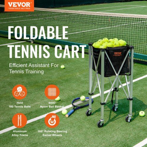 Foldable Tennis Ball Hopper Holds 180 Tennis Balls Lightweight Aluminum Alloy Tennis Ball Basket Cart with Wheels Removable Bag Carry Bag Portable Sports