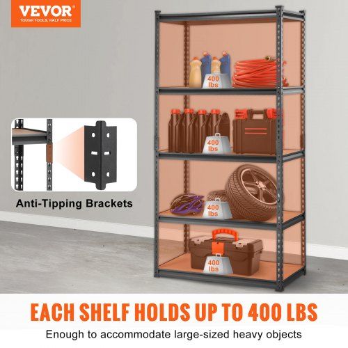 Storage Shelving Unit 5-Tier Adjustable 907 kg Capacity Heavy Duty Garage Shelves Metal Organizer Utility Rack Black 90L x 45W x 183H cm