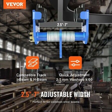 Manual Trolley 2 Ton Load Capacity Push Beam Trolley with Dual Wheels Adjustable for I-Beam Flange Width 63.5 mm to 177.8 mm Heavy Duty Alloy Steel Garage