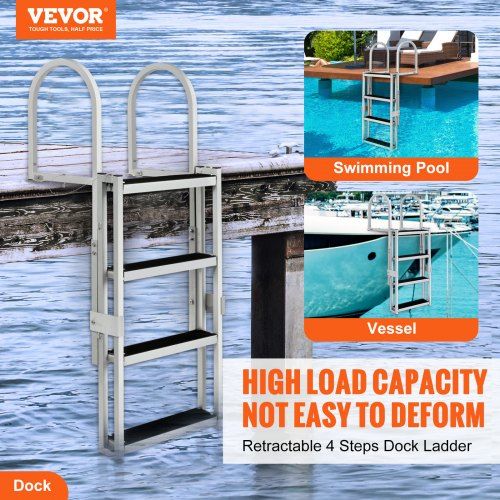 Dock Ladder Retractable 4 Steps 159 kgs Load Capacity Aluminum Alloy Pontoon Boat Ladder with 55.1''-67.1'' Adjustable Height 4'' Wide Step & Rubber Mat