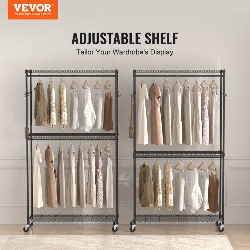 Heavy Duty Clothes Rack Rolling Clothing Garment Rack with 3 Storage Tiers 2 Rods and 2 Pairs Side Hooks Adjustable Height Clothing Rack Closet