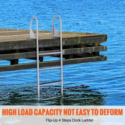 Dock Ladder Flip-Up 4 Steps 159 kg Load Capacity Aluminum Alloy Pontoon Boat Ladder with 50.8 mm Wide Step & Nonslip Rubber Mat Easy to Install