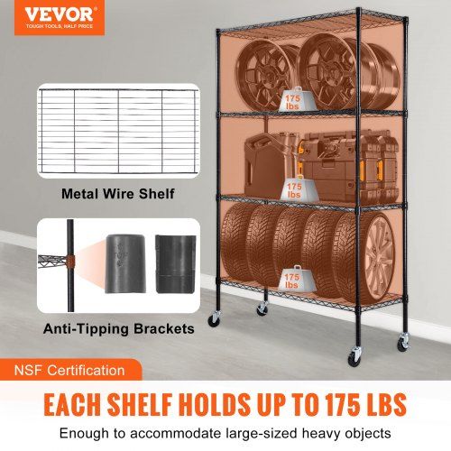 Storage Shelving Unit with Wheels 4-Tier Adjustable 700 lbs Capacity Heavy Duty Garage Shelves Metal Organizer Wire Rack Black 47.2" L x 17.7" W x 74" H