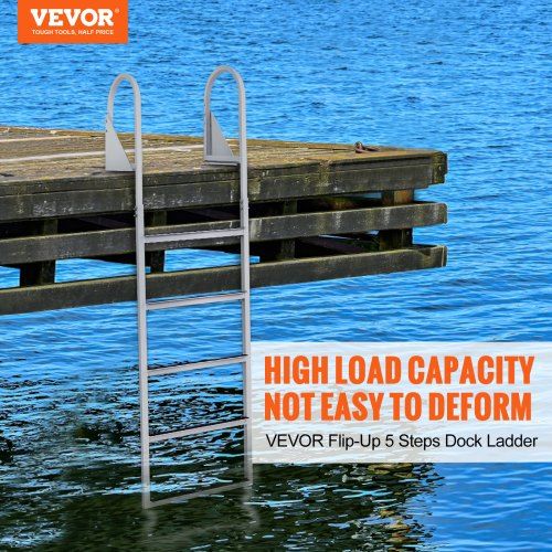 Dock Ladder Flip-Up 5 Steps 350 lbs Load Capacity Aluminum Alloy Pontoon Boat Ladder with 2'' Wide Step & Nonslip Rubber Mat Easy to Install