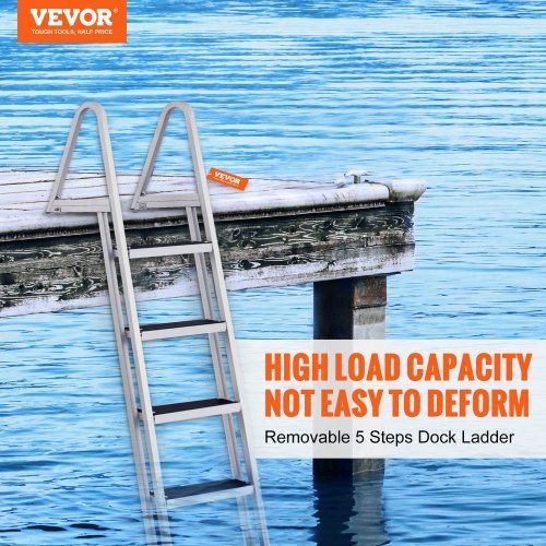 Dock Ladder Removable 5 Steps 159 kgs Load Capacity Aluminum Alloy Pontoon Boat Ladder with 4'' Wide Step & Nonslip Rubber Mat Easy to Install