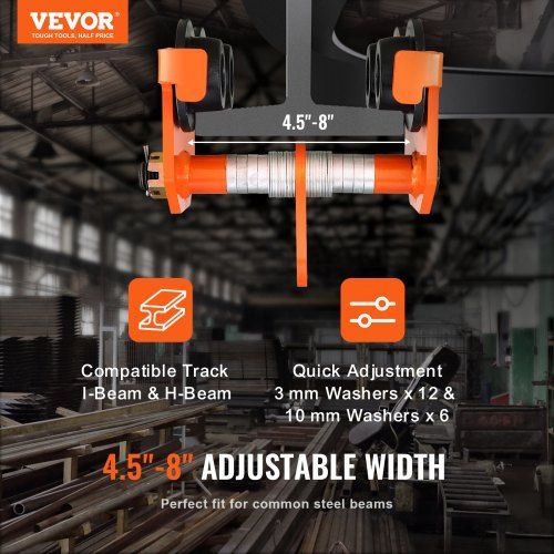 Manual Trolley 5 Ton Load Capacity Push Beam Trolley with Dual Wheels Adjustable for I-Beam Flange Width 114.3 mm to 203.2 mm Heavy Duty Alloy Steel