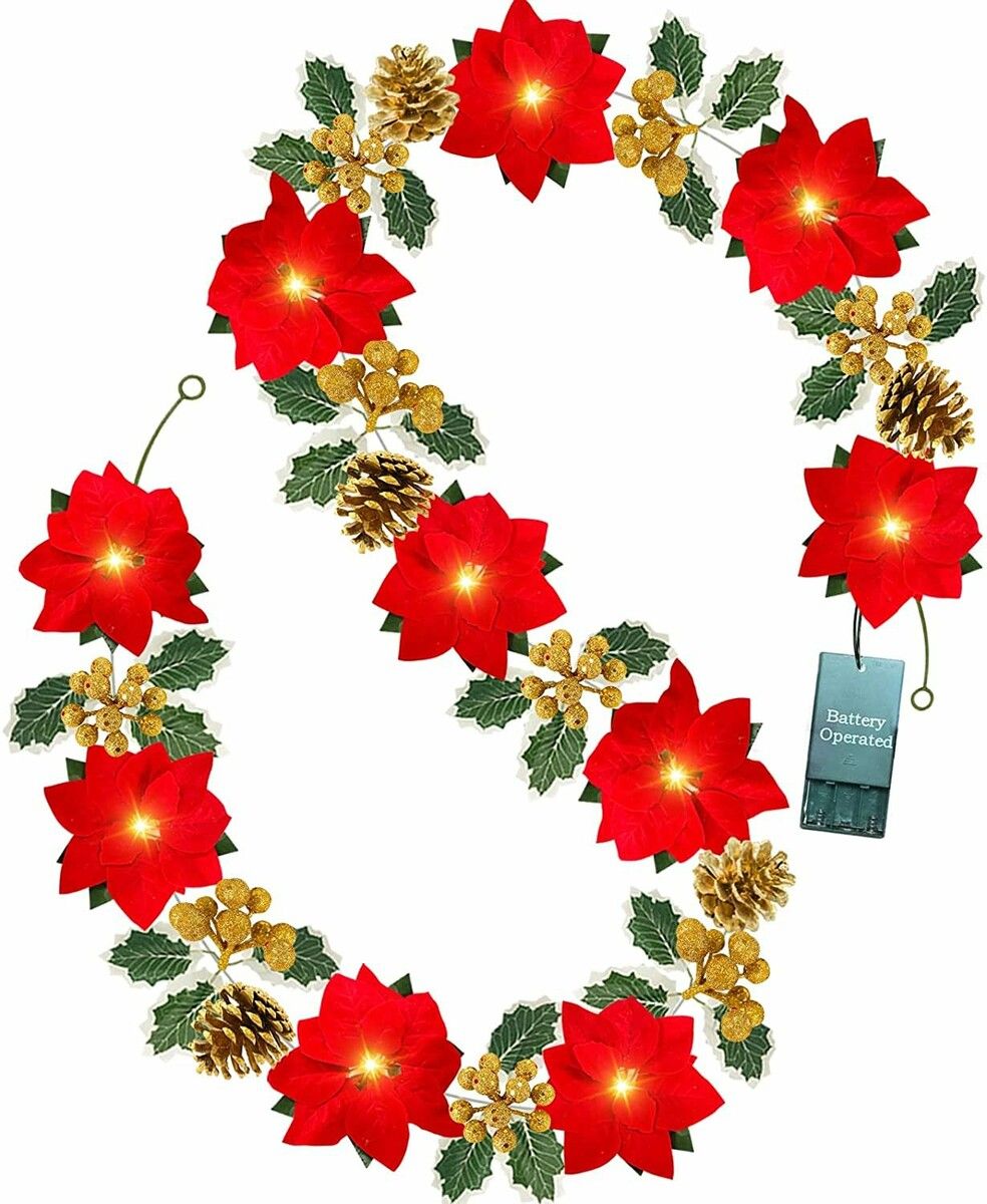 2m 10LED Christmas Garland Artificial Flower String Lights Battery POWER Gold Berries Pine Cone Indoor Outdoor Fireplace Decor