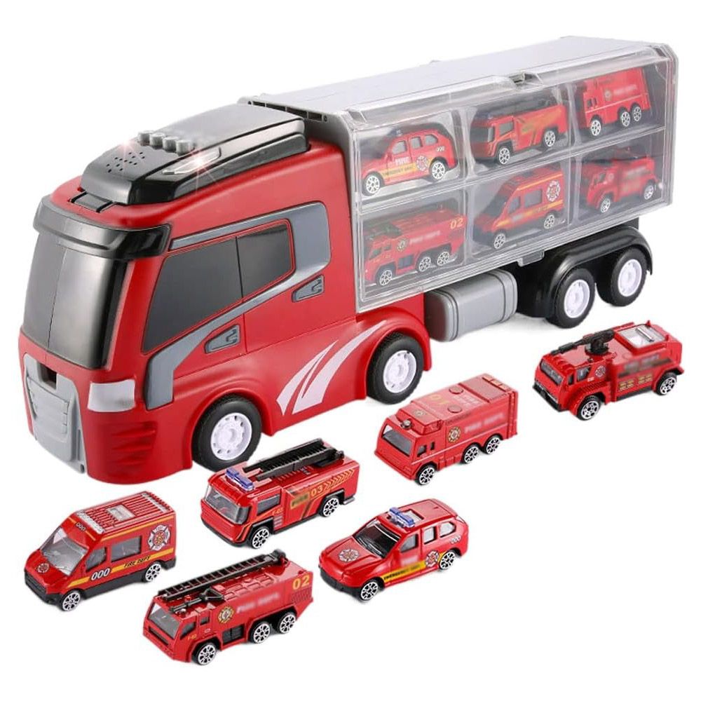 7-in-1 Kids Cargo Truck Car Carrier Toy Set with 6 Small Cars with Lights and Sounds for Children Gift (Red)