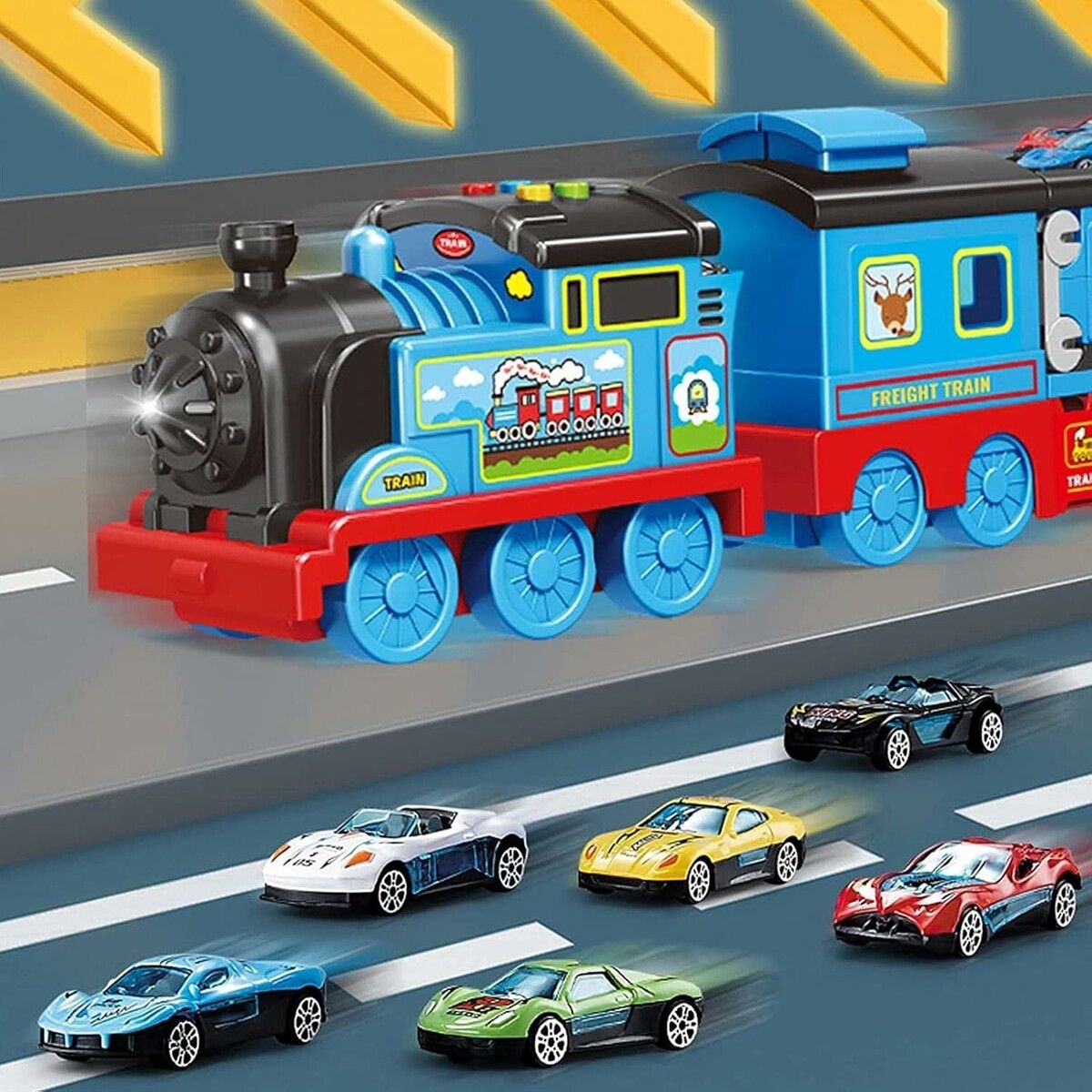 Transport Train with Ejection Race Track, Collapsible Transporter with Random 6 Race Cars Toys for Kids, Early Educational Toys