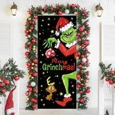 Grinch Door Cover Decorations for Christmas, Holiday Backdrop Banner for Front Door, Outdoor and Indoor Winter Party Decor, 90 x 180 cm