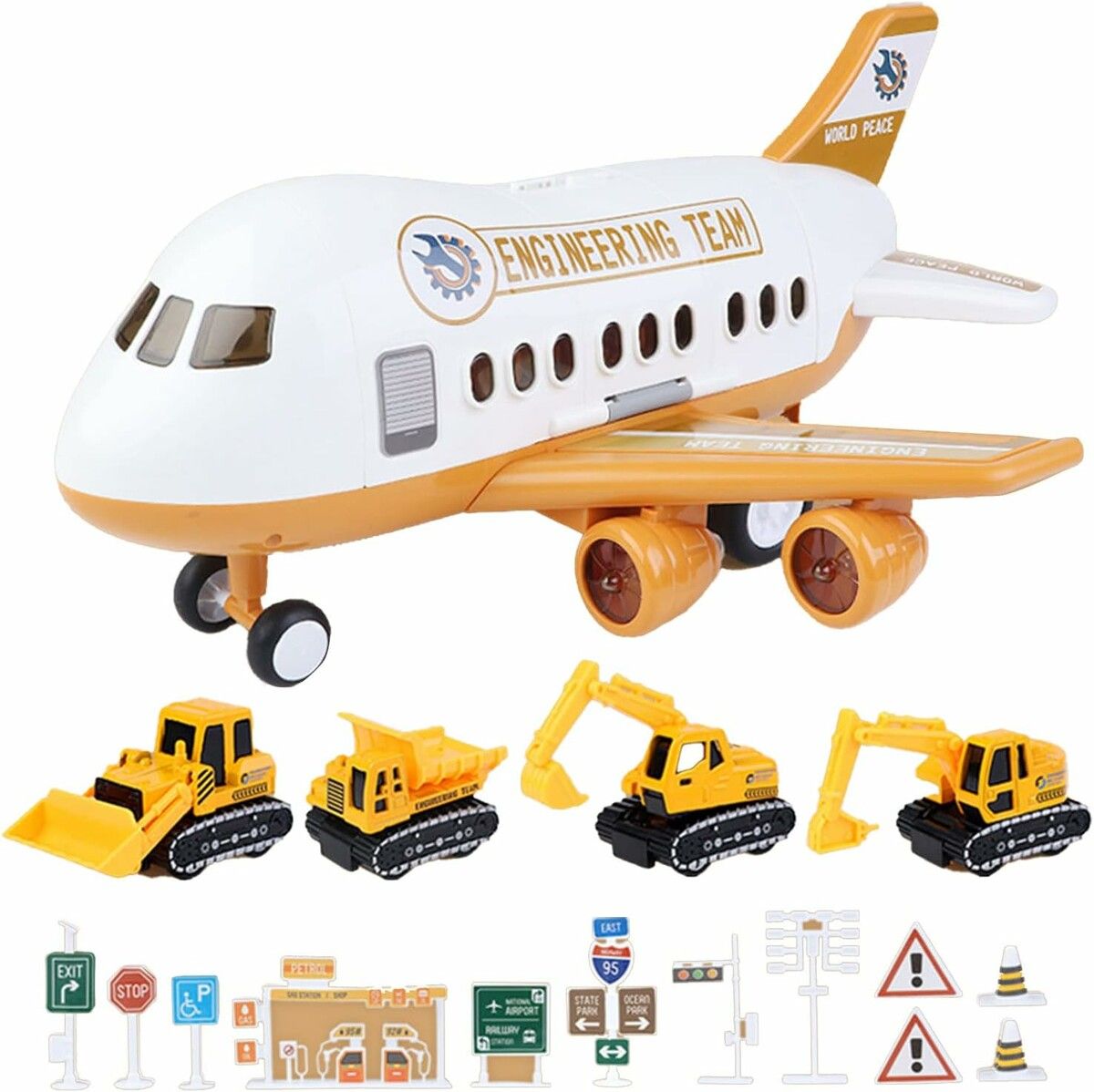 Airplane Toy Mini Car with Road Sign For Kids Age 3 to 8 , 2 in 1 Light Effect, Music Play, Play House Set, Shockproof, Interior, Yellow