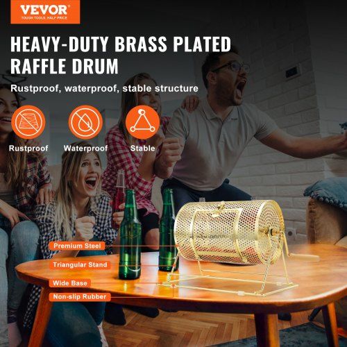 Raffle Drum 11.6 x 7.48 inch Brass Plated Raffle Ticket Spinning Cage Holds 2500 Tickets or 100 Ping Pong Balls Metal Lottery Spinning Drawing with Wooden