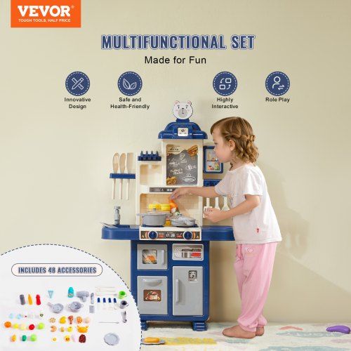 Kitchen Playset Kids Pretend Cooking Play Toy 48 Piece Accessories Blue