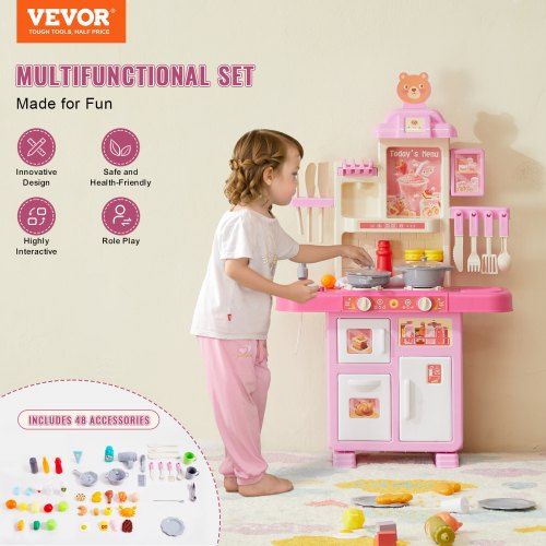 Kitchen Playset Kids Pretend Cooking Play Toy 48 Piece Accessories Pink