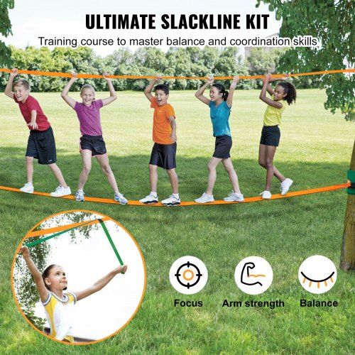 Slackline Kit with Training Line 18.3m Backyard Slack Line Equipment Easy Setup Tight Rope for Kids Adults Complete Slackline Set with Tree Protectors