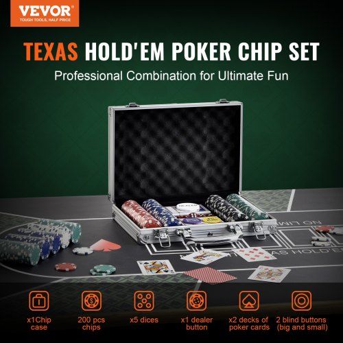 Poker Chip Set 200-Piece Poker Set Complete Poker Playing Game Set with Aluminum Carrying  Case 11.5 Gram Casino Chips Cards Buttons and Dices