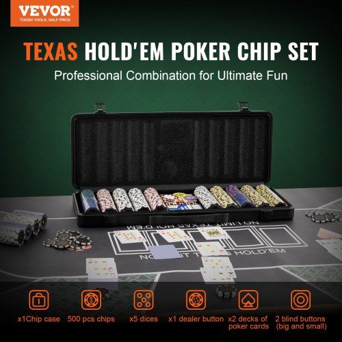 Poker Chip Set 500-Piece Poker Set Complete Poker Playing Game Set with Carrying  Case Heavyweight 14 Gram Casino Clay Chips Cards Buttons and Dices